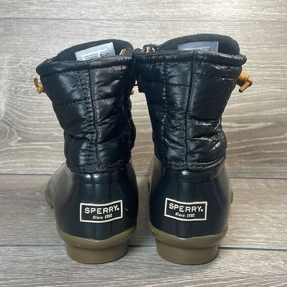 Sperry Top Sider Saltwater Black Quilted Women’s Sz 8 Tan Rubber Rain Duck Boots - Picture 4 of 11